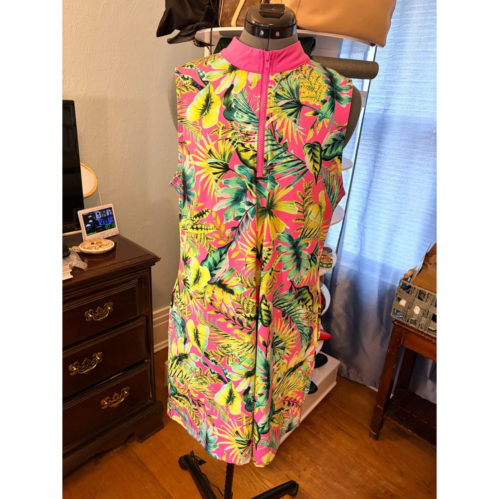 Tommy Bahama Golf Dress XL Pink Tropical Floral Quarter Zip Sleeveless Preppy